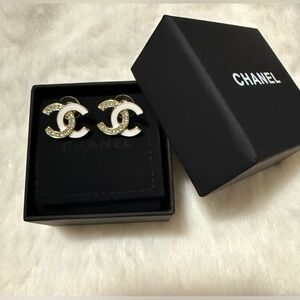 Elegant White Enamel and Gold CC Crystal Stud Earrings